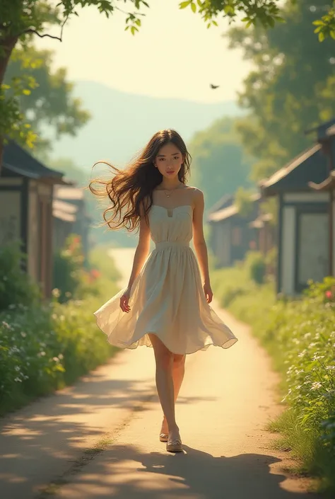 Beautiful girl walking on the road