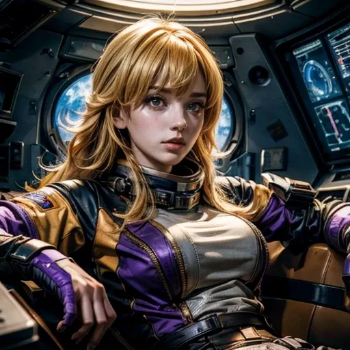 yangxiaolong, yang xiao long, long hair, blonde hair, large breasts, (purple eyes:1.3), ahoge, bangs, BREAK wearing a military power suit, mechanical arms, single mechanical arm, prosthesis, prosthetic arm, BREAK sitting with black haired colleague inside ...