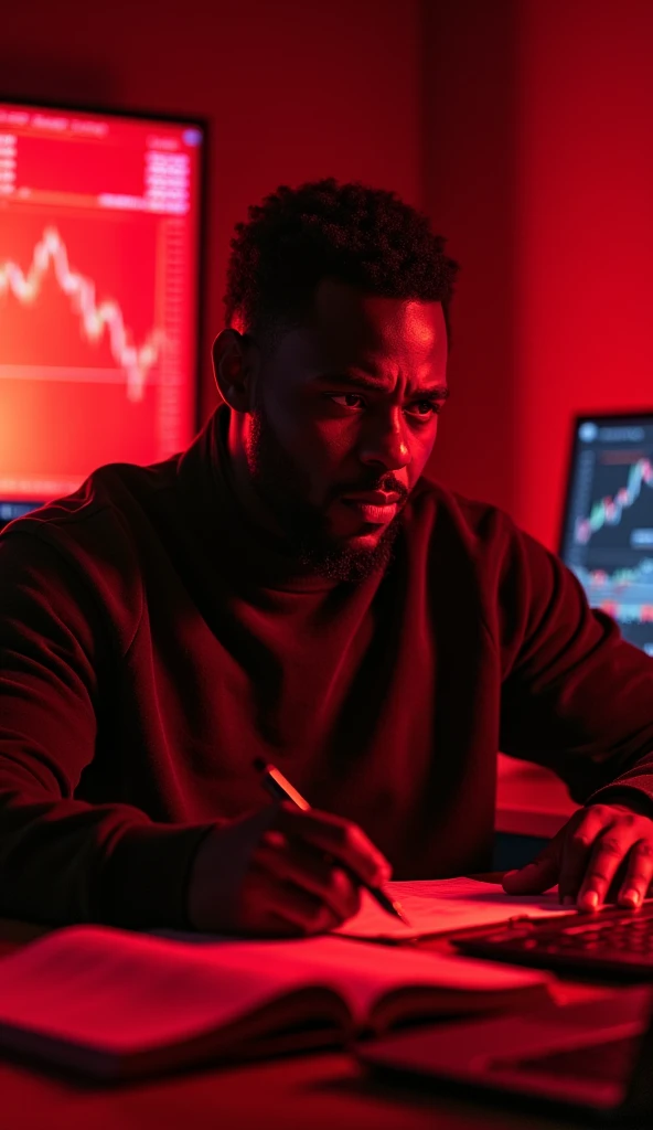 Create an image of a 40-year-old Black man with a determined and serious expression, fully immersed in studying the foreign exchange market. He is sitting at a desk in a dimly lit room, with the only light coming from financial charts and graphs projected ...