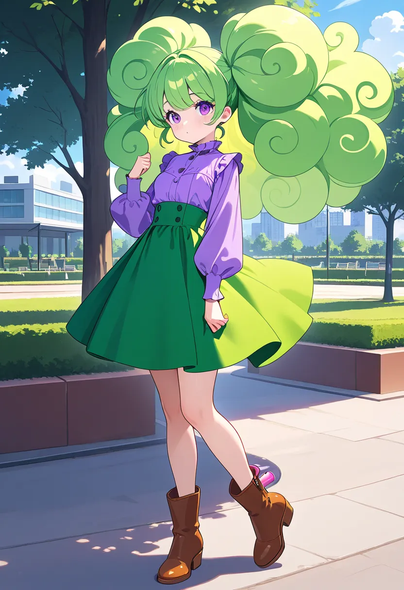 public park, (street stall with sex toys), seller girl, solo ,\( cloud hair, big hair, floating hair, green hair, purple eyes, Purple blouse with puffed sleeves, Green high waist skirt , booties)
