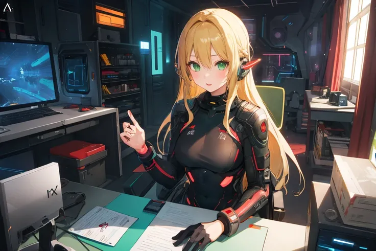 (Girl with long blonde hair, green eyes,) sexy scifi outfit, futristic sci-fi, detailed, in gamer mode, room game setting, playing pc