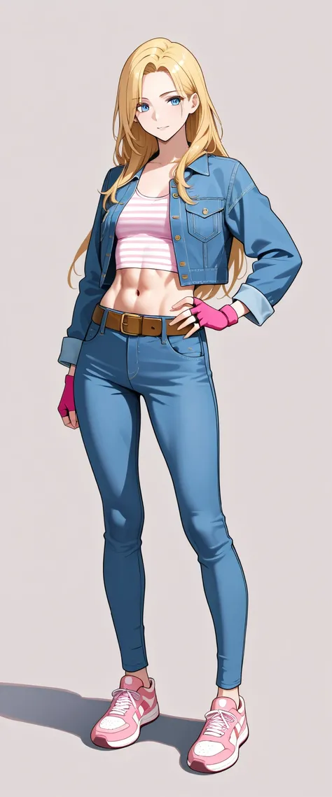 Adult woman, long hair, blonde, blue eyes, toned body, medium chest, blue denim jacket, long sleeves, fit pink and white striped crop shirt, scoop neckline, fingerless pink gloves, navel, blue denim long pants with brown metal belt, pink sneaker, hand on h...