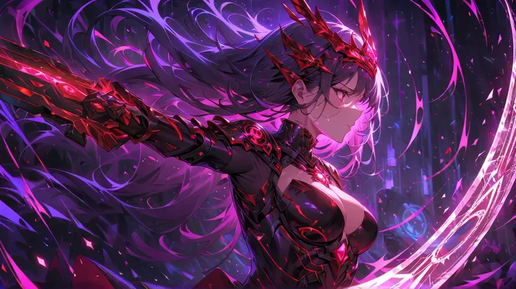 (best quality, masterpiece:1.2), ultra-detailed, a huge glowing sword, ancient glowing symbols on the blade, a girl wearing armor, Cuvry Pose, Dynamic Action, long flowing hair, silver armor, electric arc magic circle background, magical effects, detailed ...