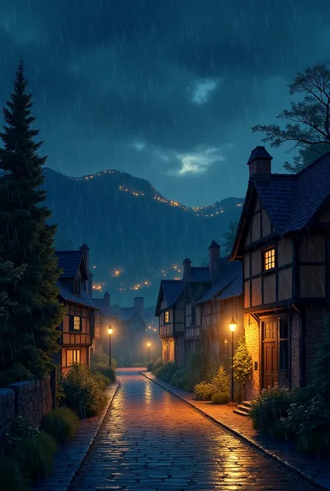 a village at night, as well as rain under the lights