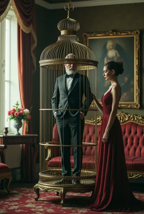 A man and a woman stand in a nicely furnished room, the man stands in a birdcage