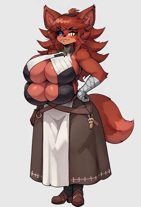 f3xa 1girl, solo, furry, yellow eyes, body fur, golden fang, animal ears, red skin, red hair, fox tail fexa eyepatch, bandaged arm Pirate costume skirt very gigantic breasts breast enlargement blush Smile full-body shot