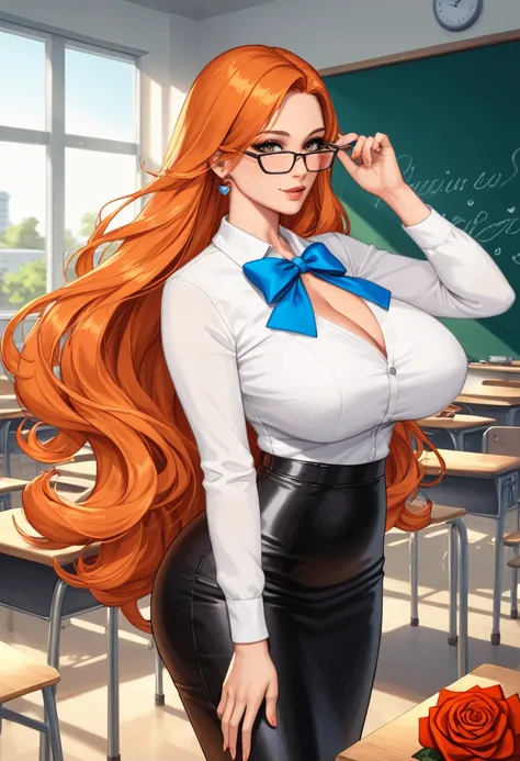 score_9, score_8, score_7, score_6,   source  _    animated, 1mature_FE, 1 woman,  white shirt pants,  Long Sleeves Leather,blue bow on the chest ,   black skirt,  black lace tights skirt,  orange hair,  Very long hair,  ojos azules,  thin glasses ,   big ...