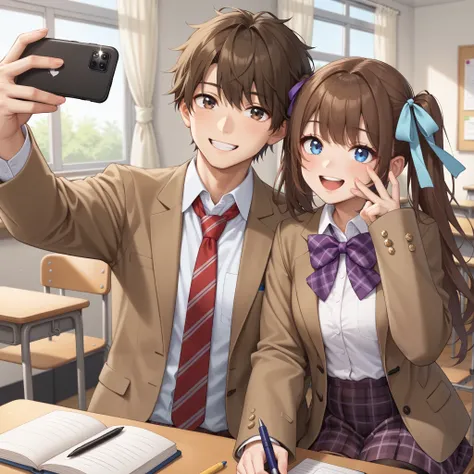masterpiece, best quality, highres, 2 persons, 1girl and 1boy, couple, Sitting on chair, school desk, an opened notebook on desk, a pen on desk, indoor, classroom, a couple took a selfie, selfie, BREAK ((1boy, brown hair, straight hair, short hair, wearing...