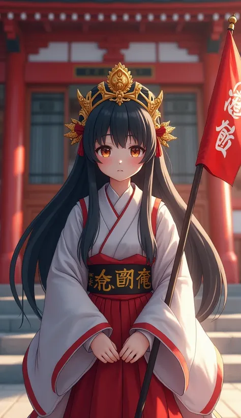 A shrine maiden with a Japanese shrine in the background. . Her hair is long and black. A golden ornament on the head. best image quality.Whole body. It's facing the front. A flag of "good luck" is near her