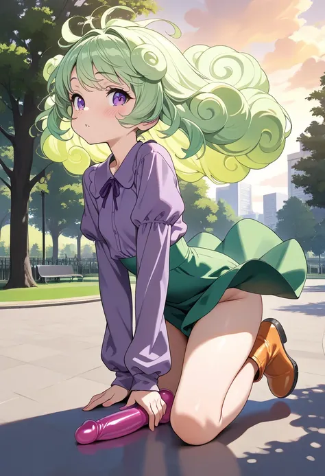  (NSFW, masterpiece, best quality, amazing quality, very aesthetic\), (public park), seller girl, solo ,\( cloud hair, big hair, floating hair, green hair, purple eyes, Purple blouse with puffed sleeves, Green high waist skirt , booties) selling dildos
