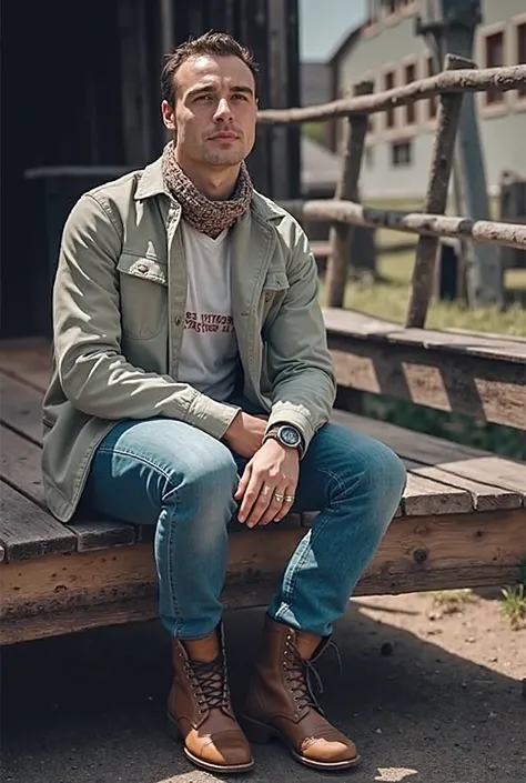 To create a prompt based on this image, I would describe it like this:

"A man sitting on a wooden bench in a rustic, sunlit setting. He is wearing a light-colored jacket by YMC, jeans by Dawson Denim, and boots by Red Wing Shoes. The man also sports a sca...