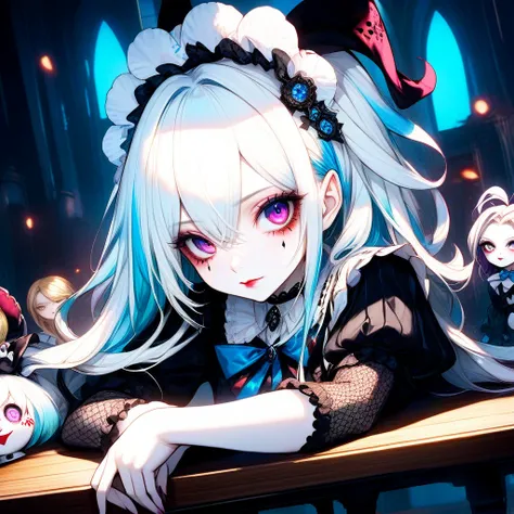 a close up of a person sitting on a table with a doll, alice in wonderland cyberpunk, goth clown girl, portrait of jinx from arcane, ever after high, alice x. zhang, shalltear from overlord, creepy clown girl, high detailed official artwork, like alice in ...