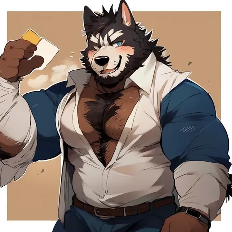 dog, furry, malamute, handsome, very muscular, very big, extremely hot and sexy, beard, hair, chest hair, charming eyes, solo, male, happy expression, daddy, clothes, middle aged, by hyaku, by darkgem, by glitter trap boy