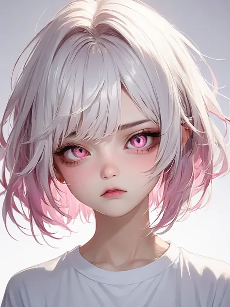 girl. little. pink eyes. white short messy hair. arrogant expression.