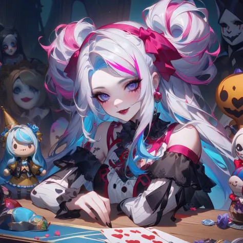 a close up of a person sitting on a table with a doll, alice in wonderland cyberpunk, goth clown girl, portrait of jinx from arcane, ever after high, alice x. zhang, shalltear from overlord, creepy clown girl, high detailed official artwork, like alice in ...