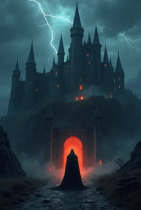 In the heart of the dark night, a massive castle loomed over a shadowy valley, its towering spires lost in the ominous winds and creeping shadows. The sky crackled with lightning, each flash revealing the grandeur of the ancient fortress, its weathered sto...