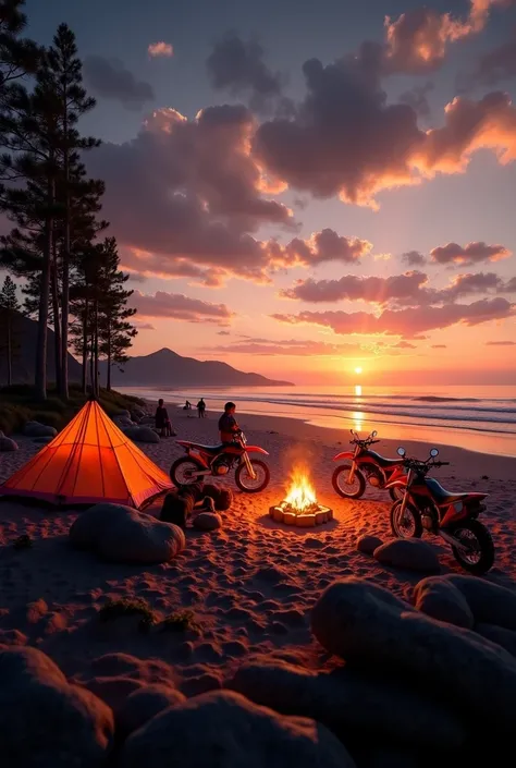  Create me a flyers at dusk on the beach with tents and a campfire, And also add more enduro bikes, And let more tents be seen
