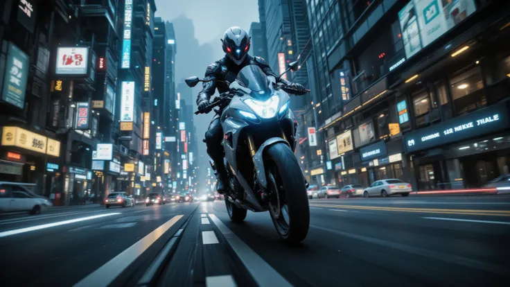 The protagonist lands on their motorbike and speeds through the dense city traffic, weaving between self-driving cars while tracking the courier’s movements via an augmented HUD display.