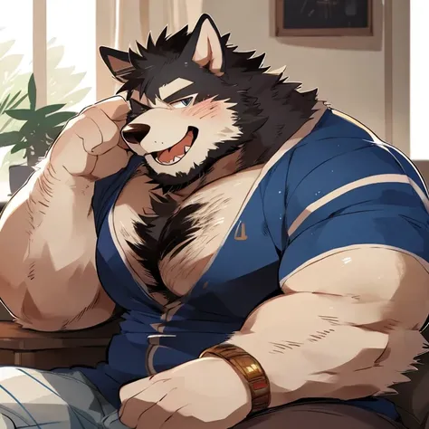 dog, furry, malamute, handsome, very muscular, very big, extremely hot and sexy, beard, hair, chest hair, charming eyes, solo, male, happy expression, daddy, clothes, middle aged, by hyaku, by darkgem, by glitter trap boy