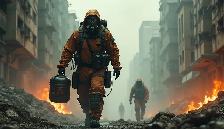 bioweapons  exterminator with background of dead people and fire biozhard wear Wearing gas mask Holding poison in a ruined city