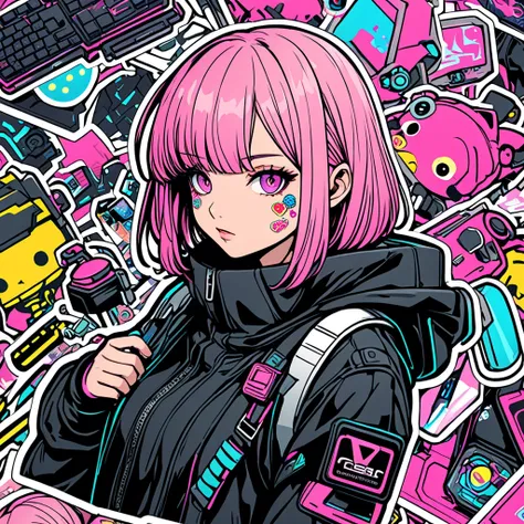 ((( stickers )))、((Simpler))、２color、Illustration drawing、  cyberpunk、 shortcuts,  1 girl,  pink hair, 