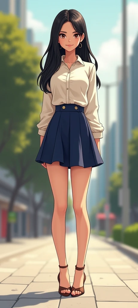 4d comics . A 27-year-old Indonesian woman  .  long black to gold hair wearing a long sleeve shirt dark blue short skirt cream color.   wearing high-heeled shoes and standing on the pavement facing the camera  .  realistic focus  .