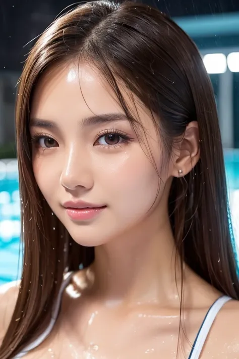 ( top quality, 4K, masterpiece: 1.3),  gorgeous 、beautiful beautiful single woman, (White latex one piece swimsuit: 1.2) ( skinny, healthy,  perfect body through Ngs: 1.2),  abs: 1.1,  thick brown hair: 1.1, (Rain-soaked,  wet body: 1.2), (Pool room at nig...