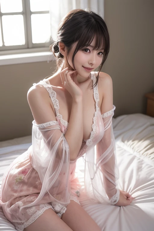  Realistic Photo Quality 、A Japanese model in a pastel pink see-through dress sits on a bed and poses for a photo, sexy :8,   sexyなドレス姿でポーズをとる, Japanese goddesses,  looking at camera、Detailed and beautiful eyes、 cute smiles 、 soft and gentle expression 、 h...