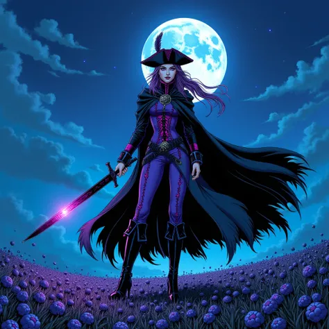 Comics art, a full-body young female sorceress stands in a vast blueberry field under the night sky, wielding a black sword with glowing purple veins. Her piercing violet eyes radiate arcane power, and her long violet hair flows from a high ponytail, with ...