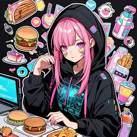 ((( stickers )))、((Simpler))、Illustration drawing、  cyberpunk、 shortcuts,  1 girl,  pink hair, Hoodie food down、