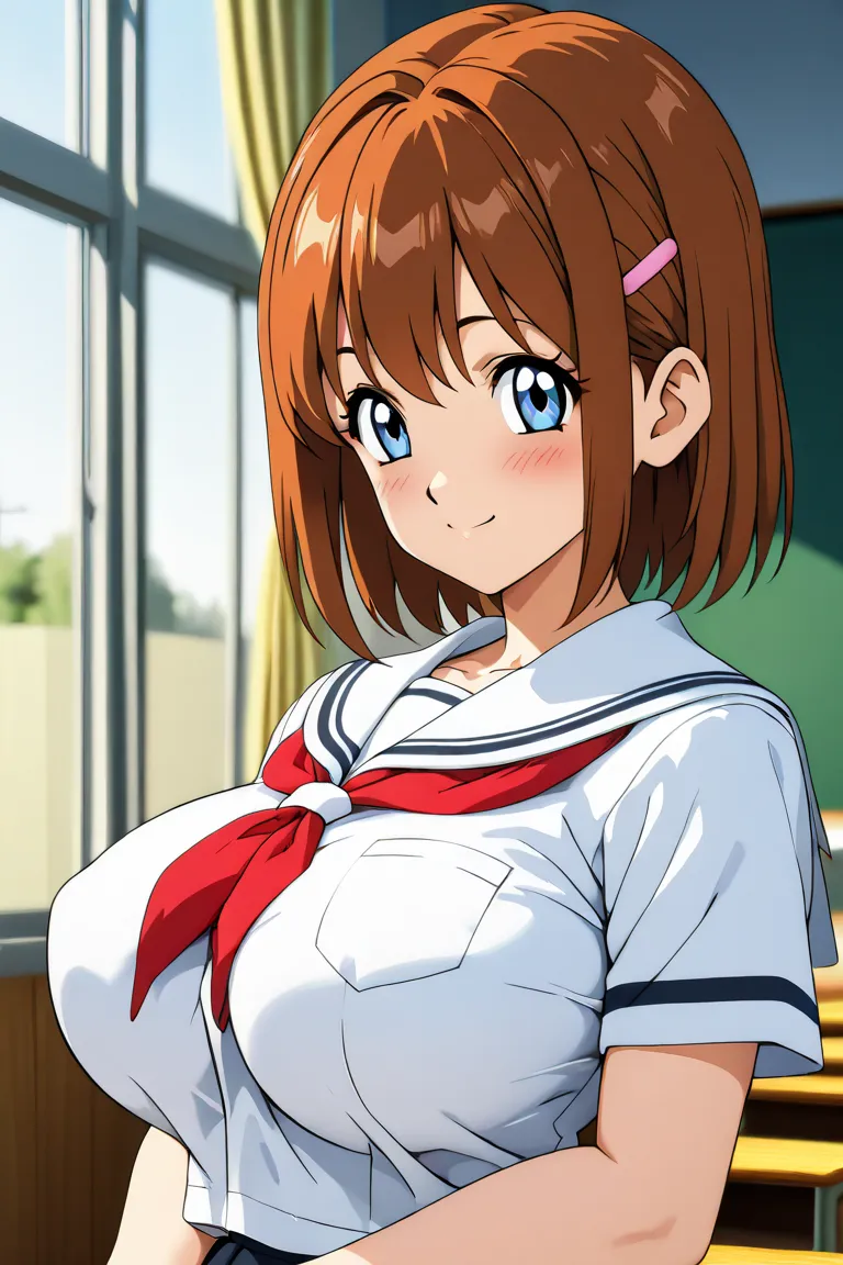  beautiful 3d anime style girl,  with big breasts,  ,  schoolgirl clothes, In a school, showing breasts to the spectator and smiling