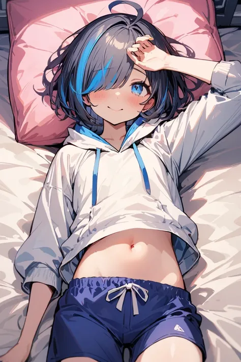 （masterpiece：1.2），Super detailed，solo girl, Hiding one eye, bob cut hairstyle, navy hair,((highlights hair, Blue streaked hair)), ahoge, tareme, blue eyes,flat chest, beach shorts, Calm, Embarrassed,smile, sexy, over size hoodie,lying on bed,crop top navel...