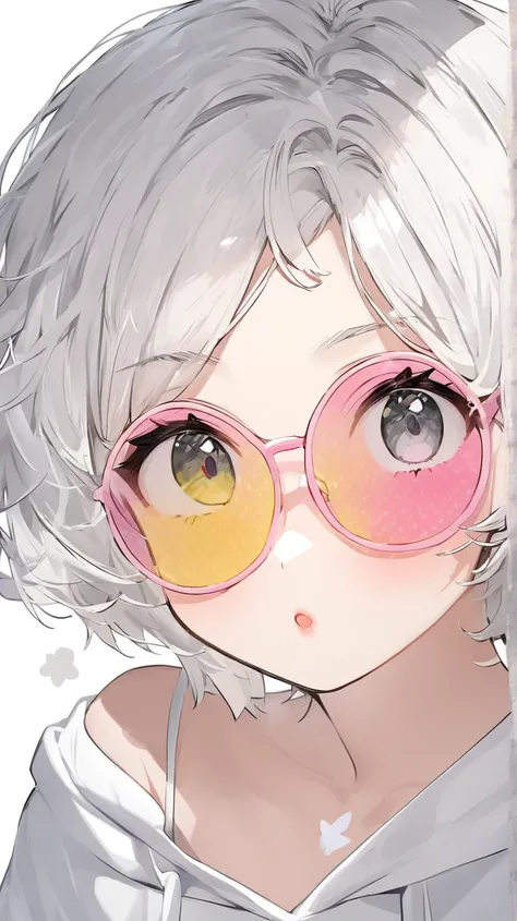 girl, white hair, short hair, white mesh hair, white and gray eyes, white hoodie,34d tita,one pastel white ((heart)) sun glasses, 舌を出す, white background