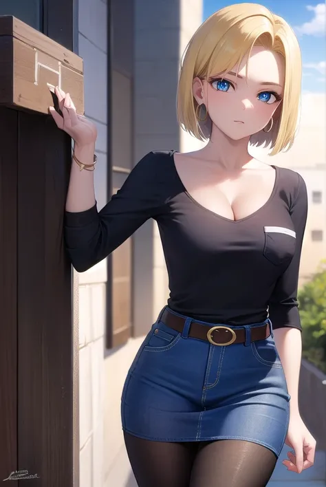 android18, android 18, blonde hair, blue eyes, eyelashes, hoop earrings, short hair, earrings,
BREAK belt, brown pantyhose, black shirt, breast pocket, cleavage, collarbone, denim, denim skirt, high-waist skirt, jewelry, long sleeves, pocket, shirt, crop s...