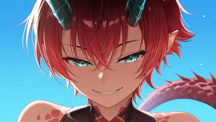 score_9,score_8_up,score_7_up,score_6_up, source_anime, BREAK, solo, solo focus, 1girl, dragon girl, neon colors, shining colors, dragon girl, tail, pointy ears, horns, shining eyes, close up, evil smile, half closed eyes, scales on body, red hair, cyan ey...