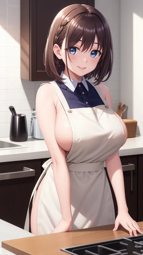  masterpiece,   best quality,  ,  ultra high resolution , [aichan,  big boobs, 1 ,  alone,  blue eyes,  short brown hair , braid side ,  shiny lips , kitchen,  light smile , Apron No