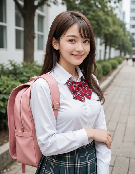 Masterpiece, hd, realistic, 1girl, brown hair, long hair, smile, medium breasts,school uniform, white collared shirt, red bowtie, long sleeves, dark red plaid skirt,  wearing school backpack, pink backpack, from side, cowboy shot, looking to the side, outd...