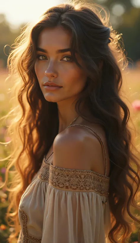  Beautiful girl with long wavy hair, bohemian dress 