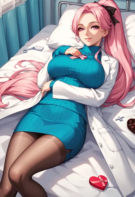 score_9, score_8, Scorw _7, score_6,  source  _    animated, 1mature_FE, Only 1 woman ,  Smile,   lying on a stretcher   , pink hair,   Long Ponytail Hair  ,  black ribbon in the hair ,   bright pink eyes  , Apollo blue sweater  ,  Long sweater  ,   silver...