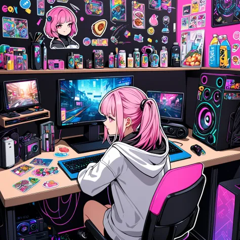 ((( stickers )))、((Simpler))、Illustration drawing、  cyberpunk、 shortcuts,  1 girl,  pink hair, Hoodie food down、Gaming Room