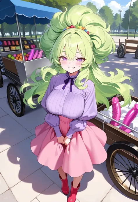 (NSFW, masterpiece, best quality, amazing quality, very aesthetic\), (public park), 1girl, solo ,\(cloud hair, seller, big hair, floating hair, green hair, purple eyes, Purple blouse with puffed sleeves, pink high waist skirt , booties, large breasts, (pet...