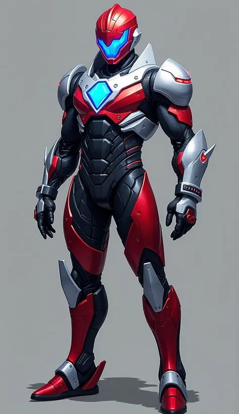 "JIEVAN: The Cyber ​​Justice Warrior"
Armor Design:Helmet:
The helmet combines Spielvan's angular shape with Jiban's iconic visor. The visor is elongated and has an electric blue shine, with metallic red details on the edges. In the center of the forehead,...