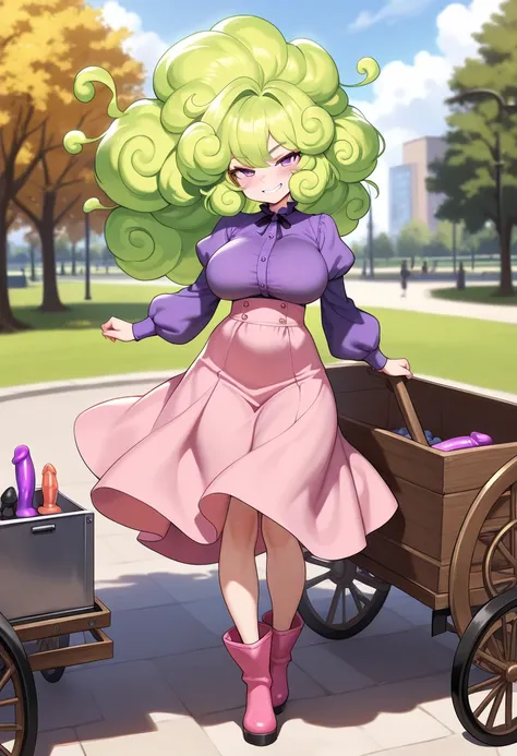 (NSFW, masterpiece, best quality, amazing quality, very aesthetic\), (public park), 1girl, solo ,\(cloud hair, seller, big hair, floating hair, green hair, purple eyes, Purple blouse with puffed sleeves, pink high waist skirt , booties, large breasts, (pet...