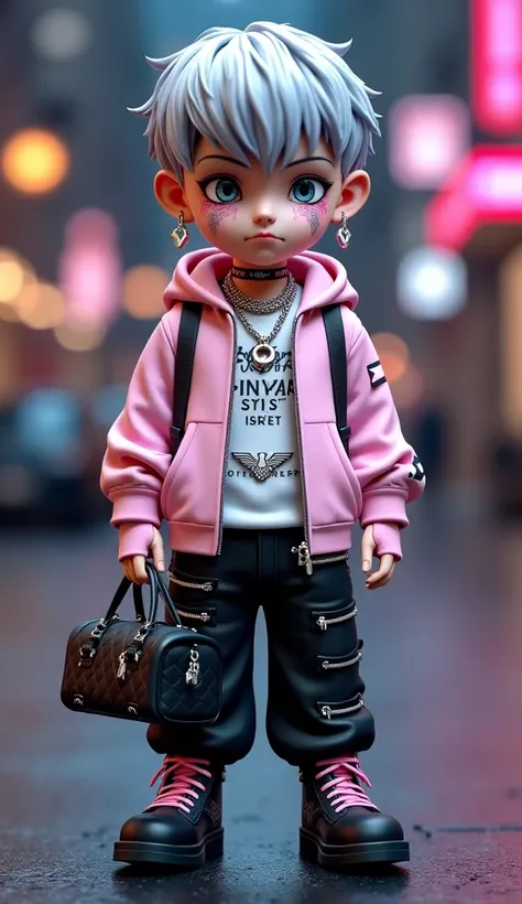 3D animation, BJD,  boy, silver hair, gray eyes, white heart earrings, cold expression, pink tattoos on his face, silver bat necklace, silver cross necklace, silver chain necklace, light pink long-sleeved shirt with Egyptian writing, closed hoodie, light p...