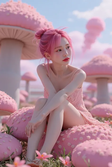 1girl,beautiful 18 year old girl,pink hair in a bun,bare shoulders,sitting on a giant mushroom,elegant,chic,modern,fashionable,muted colors,soft lighting,art nouveau,psychedelic anime style,colorful,trippy,(best quality,4k,8k,highres,masterpiece:1.2),ultra...