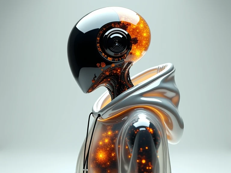 A futuristic android composed of a mineral-like structure, its surface enveloped in a transparent liquid with striking orange and black hues. The android is dressed in a sleek, modern transparent hoodie, allowing its intricate mineral body to remain visibl...