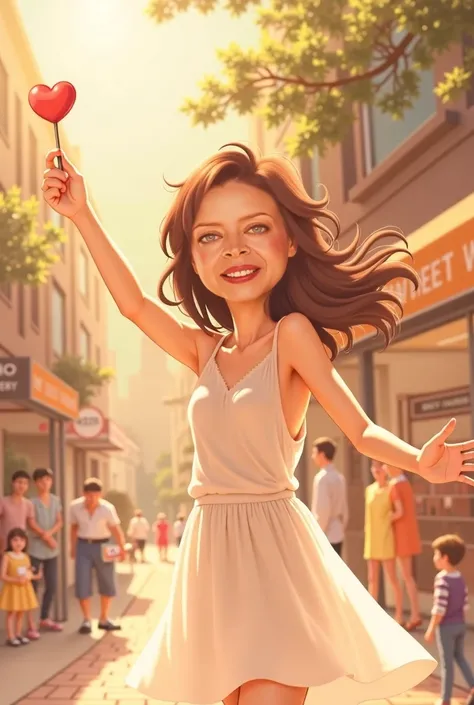 Me delivering a lollipop, with an outstretched arm, Loose hair, white dress,  smiling , With clothing store on the hanger in the background