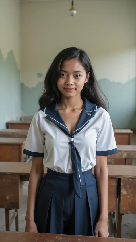 Full lenght shot. 1 young female. In a empty class. Tamil , fourteen years old. school uniform. Tamil school uniform. Low neckline. Ample clevage. Cute. Stoic face. Small figure. Tamil girl. Soft jawline, round face.