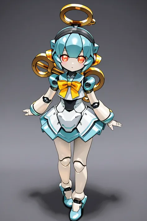 anime style, 1girl, younger female, humanoid robot, doll joints, winding key, mecha musume, perfect hands, 3d, high resolution, high quality, hd,  