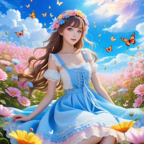 anime、kawaii"An surreal girl is sitting in a vast flower field. She is holding a colorful bouquet of flowers, and in the background there is a blue sky with white clouds. Butterflies are fluttering in the sky, and sparkling light particles are floating in ...